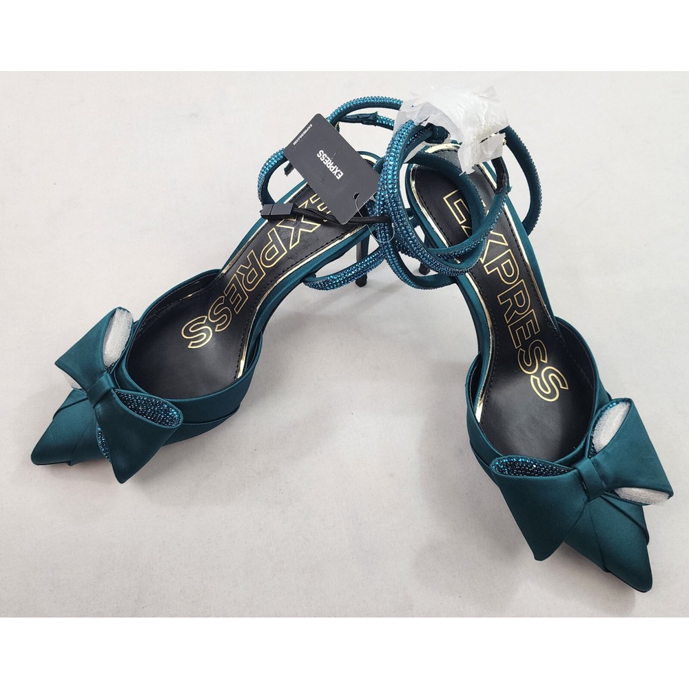 Express Womens Teal Green Fabric Bow Rhinestone Ankle Wrap Heels Size 9 46407726